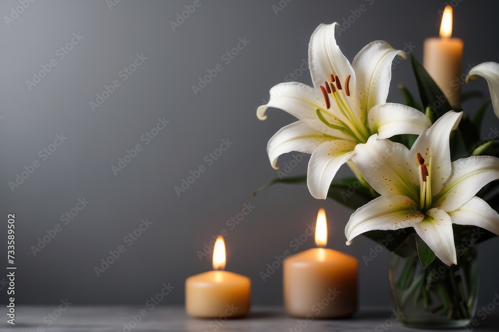 Funeral. White lily and burning candles on grey background Funeral. White lily and burning candles on grey background