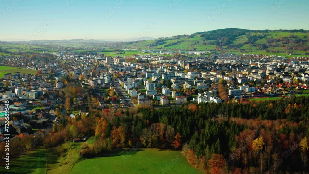 Aerial Panorama Of Late Autumn Nature Over Bulle Town In Canton Of Fribourg In Switzerland.