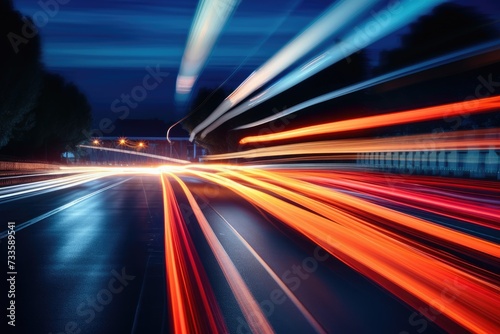 Abstract long exposure dynamic speed light in rural city road,  Cars on night highway with colorful light trails, Ai generated