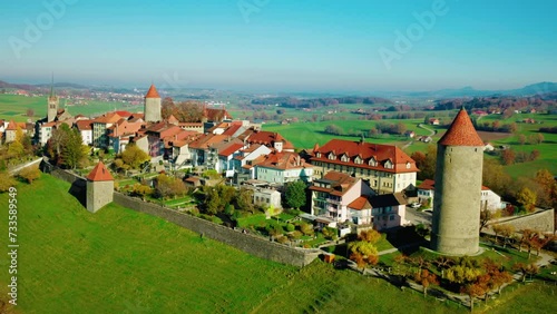Wallpaper Mural Aerial View Of Romont Medieval Village With Boyer Tower At Fribourg, Switzerland. - Aerial shot Torontodigital.ca