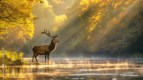 Golden Serenity, The Stag Amidst Morning Mist