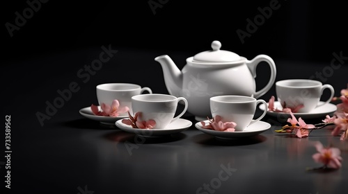 A white teapot and cups.