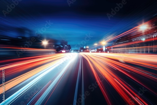 Abstract long exposure dynamic speed light in rural city road, Cars on night highway with colorful light trails, Ai generated © Tanu