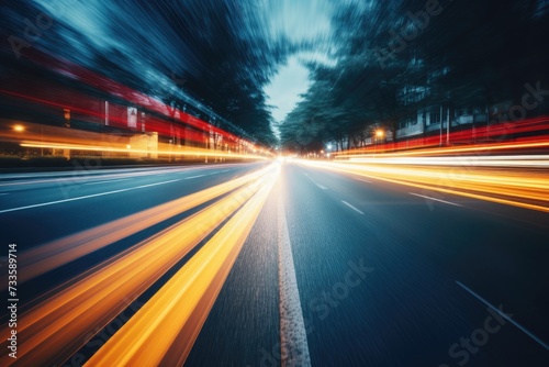 Abstract long exposure dynamic speed light in rural city road, Ai generated