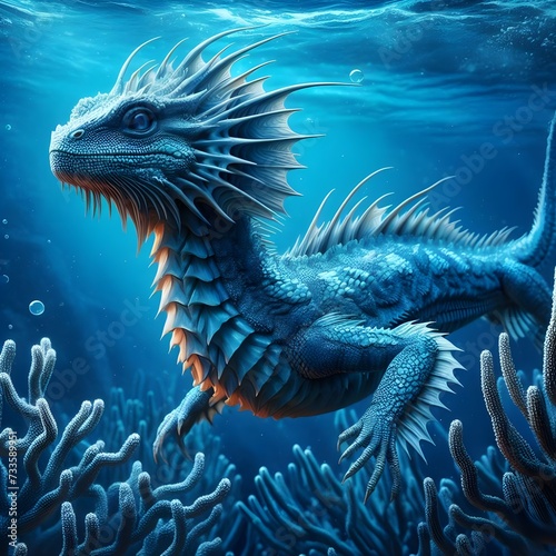 blue water dragon has silver scales Swimming in the deep sea. © SlokH
