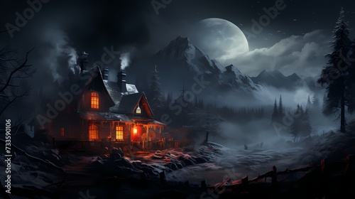 A cozy cabin nestled in a snowy forest, smoke rising from the chimney, and a faint trail of footprints leading towards the door