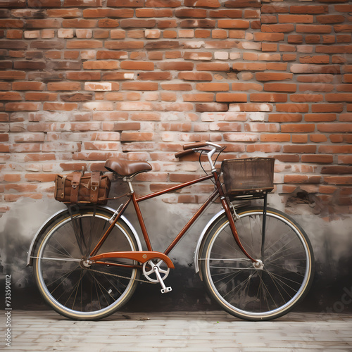 A vintage bicycle leaning against a brick wall. 