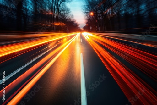 Abstract long exposure dynamic speed light in rural city road, Ai generated © Tanu