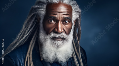 Handsome elderly black African American man with long dreadlocked hair, on a dark blue background, banner.