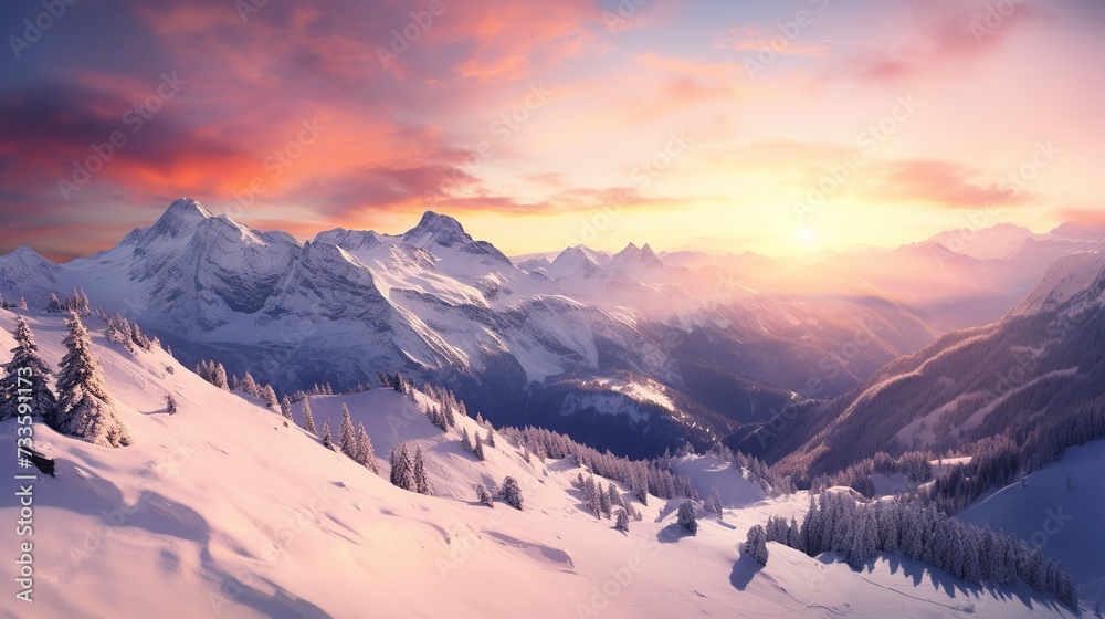 Sunset in winter landscape in mountains. Image of beautiful place. copy space for text.