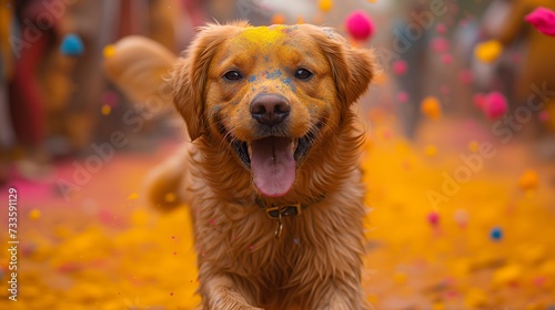 Golden Retriever Dog With Open Mouth and Yellow Paint on Face