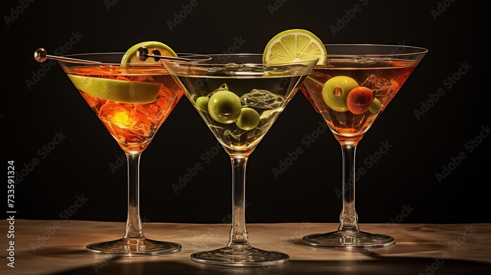 Three classic cocktail glasses. Image of alcohol. copy space for text.