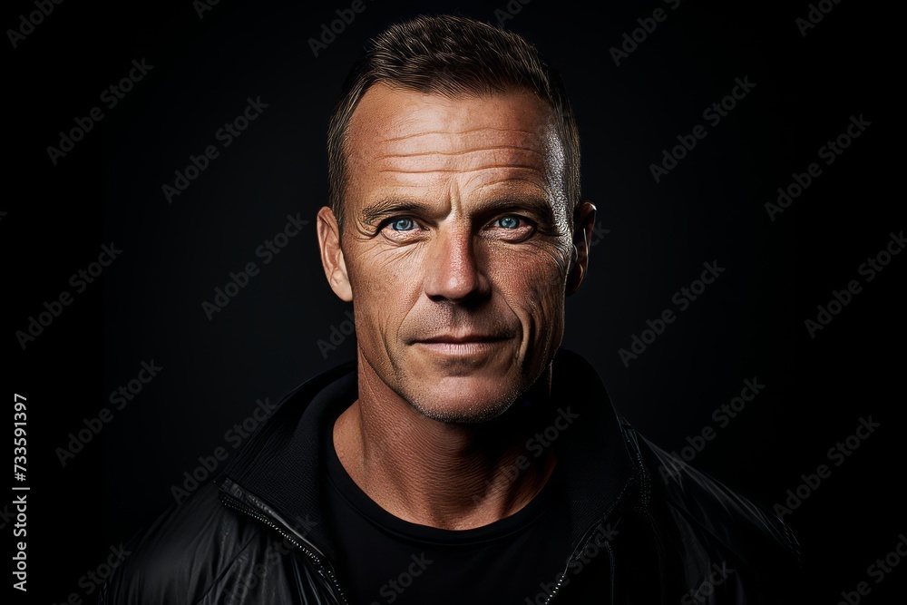 Portrait of a handsome mature man over black background. Men's beauty, fashion.