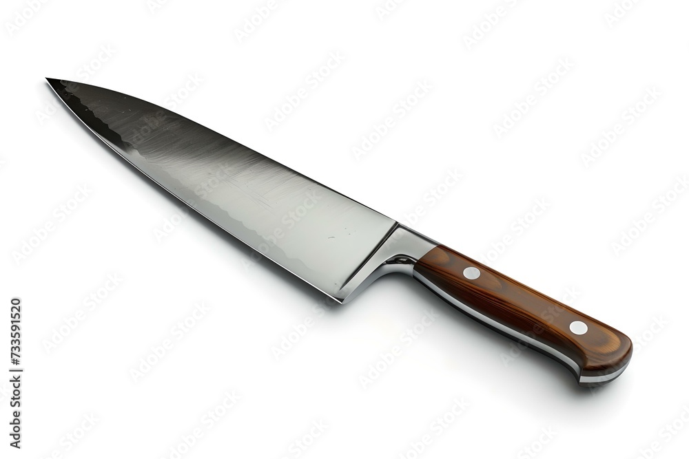 Sharp chef's knife with brown handle on white background. professional kitchen utensil. close-up on culinary tool. AI Sharp chef's knife with brown handle on white background. professional kitchen utensil. close-up on culinary tool. AI