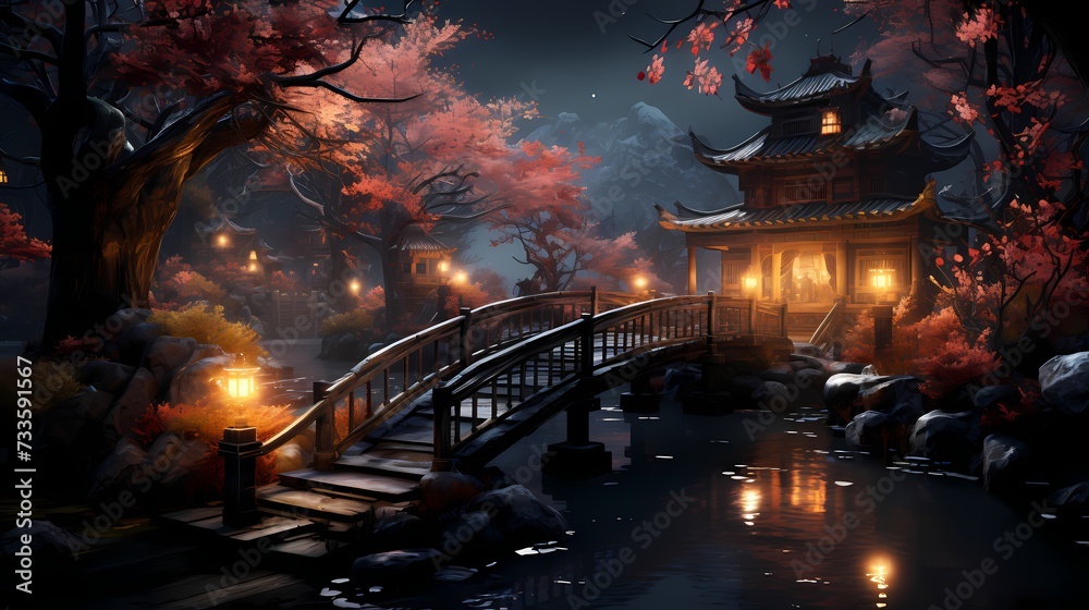 A frozen pond with a wooden bridge spanning its width, surrounded by snow-covered trees and the soft glow of lanterns lining the path