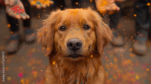 Golden Retriever Dog Covered in Colored Powder