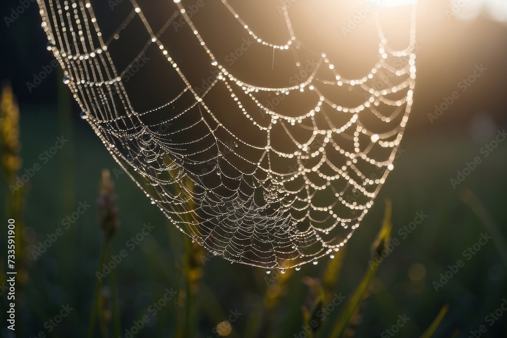 Cold dew condensing on a spider web with morning light rays in the background