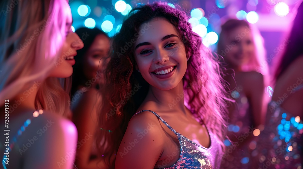 Youthful energy at a night party. festive feel and dance celebration in club. fashion and lifestyle concept. happy women enjoying evening entertainment. AI Youthful energy at a night party. festive feel and dance celebration in club. fashion and lifestyle concept. happy women enjoying evening entertainment. AI