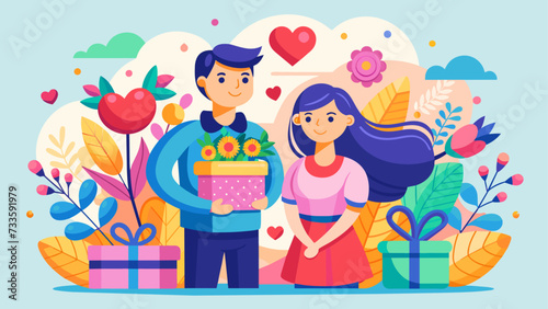 A colorful vector illustration of a romantic couple holding a gift box surrounding with flowers and foliage, a valentine day special