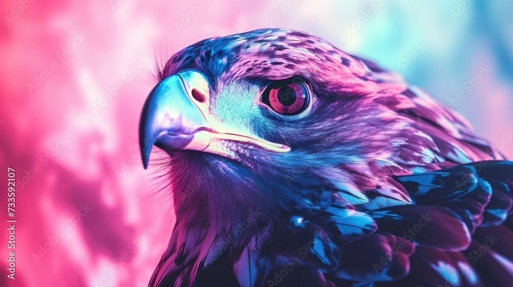 Fantasy vaporwave portrait of retrowave eagle. Pink and blue colors.