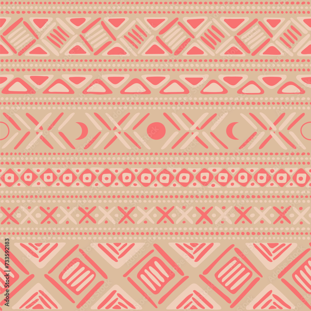 vector seamless pattern. hand drawn geometric shapes and moons. peach repetitive background. tribal motif. fabric swatch. wrapping paper. design template for textile, linen, home decor
