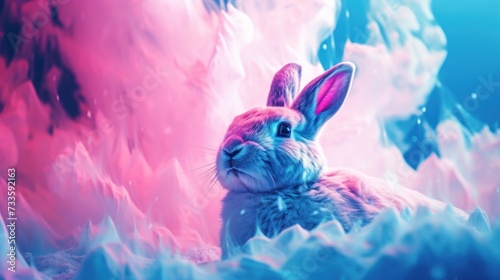 Fantasy vaporwave portrait of retrowave rabbit. Pink and blue colors. photo
