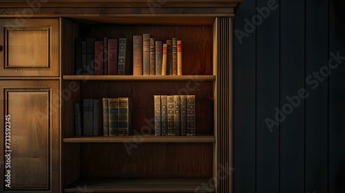 Classic wooden bookshelf with vintage books. elegant home library. dark academia aesthetic decor. AI