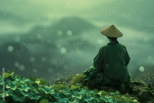 Solitude in nature: person in traditional hat contemplates misty mountains. serene, peaceful scenery for mindfulness and meditation. AI