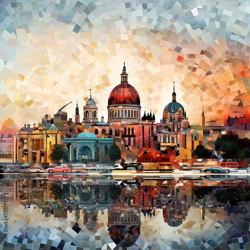 Collage of city landmarks in a mosaic pattern. 