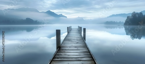 Serene lake view with foggy mountains and wooden pier. tranquil nature scene for calm backgrounds and zen themes. AI photo