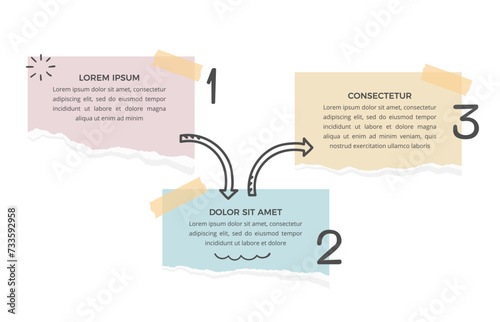 Infographic template with three options with paper notes and hand drawn arrows, vector eps10 illustration