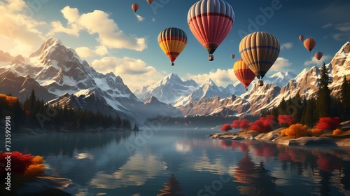 A group of hot air balloons floating over a winter landscape, their vibrant colors contrasting beautifully with the snowy surroundings photo