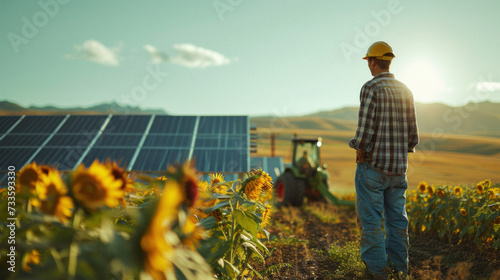 Solar-Powered Farming Operations: A farmer checking solar panels that power the water pumps and machinery on a sustainable farm.