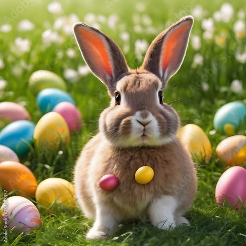 photo happy bunny with many easter eggs on grass festive background for decorative design © muhammad yaseen