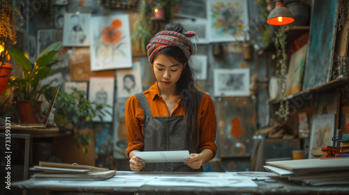 Southeast Asian Creative in a Loft Studio: A Southeast Asian graphic designer creating art in a loft studio, surrounded by digital tablets, sketches, and vibrant art pieces.