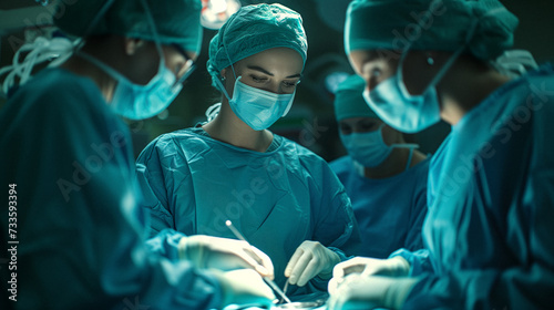 Surgical Team in Action: A surgical team led by a female surgeon performing a complex operation, demonstrating precision, teamwork, and gender diversity in the operating room.