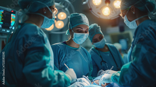Surgical Team in Action: A surgical team led by a female surgeon performing a complex operation, demonstrating precision, teamwork, and gender diversity in the operating room.