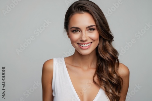 portrait of a beautiful smiling woman looking at the camera on white background