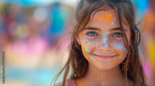 Young Girl With Blue Eyes Covered in Colored Powder