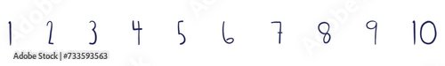 Handwritten Number 1-10 in Dark Blue Ink Brush