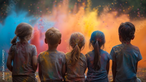 Group of Young Children Standing in Front of Colored Powder
