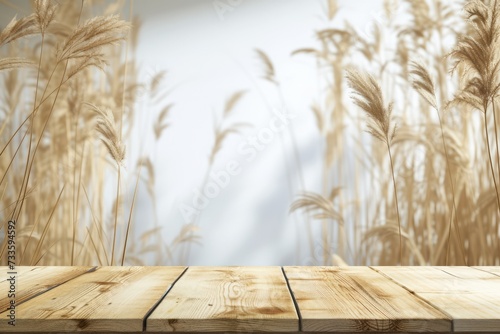 Empty wooden table over blurred reed background. mock up.