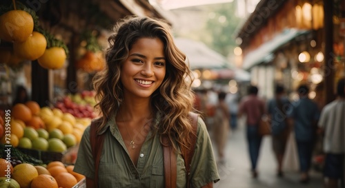 Young western woman smilling standing and buying fruits in street shop