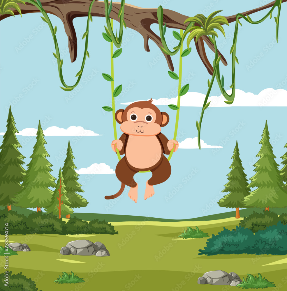 Naklejka premium A cheerful monkey swinging from jungle vines.