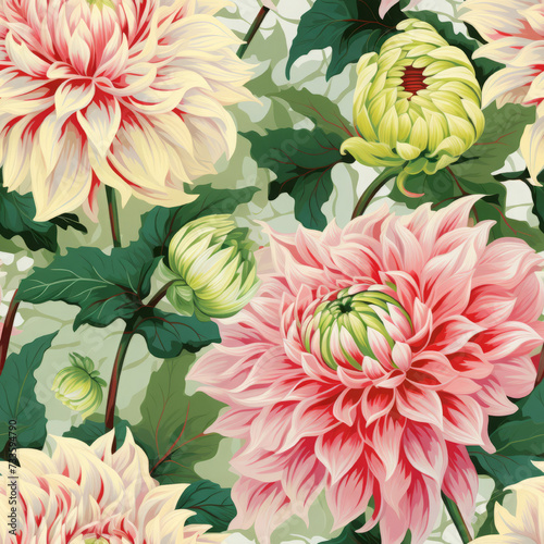 dahlias in full bloom, drawing in shades of cream and pink and soft yellow. floral background, colorful illustration.