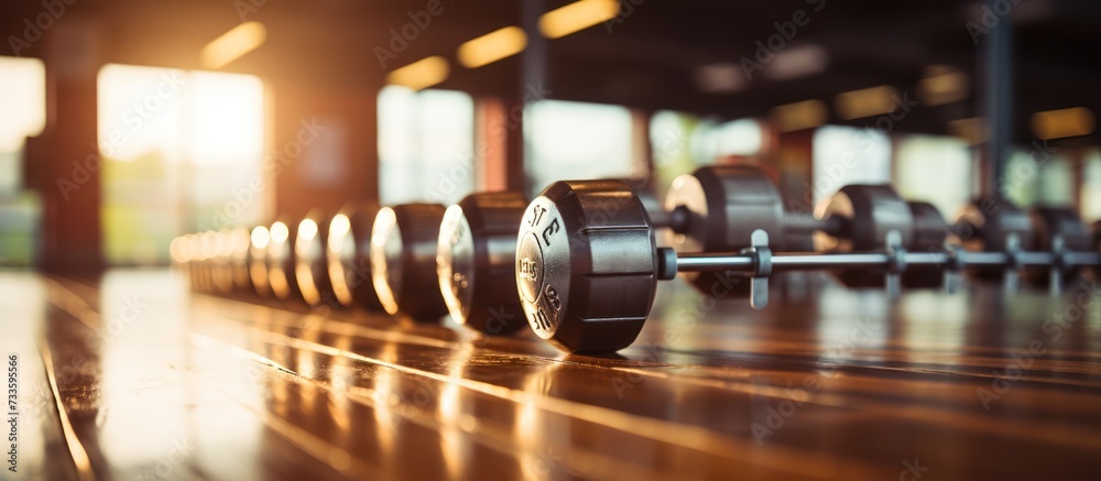 Row of gym dumbbells, blurred background
