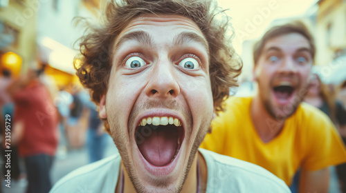 Two ecstatic friends in a crowded street scene.