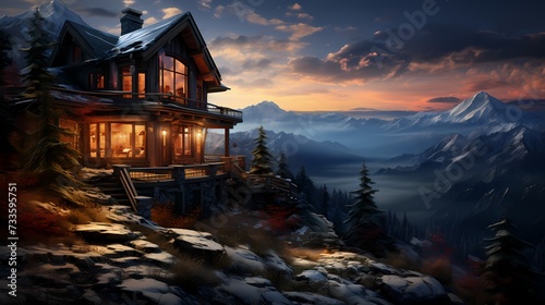 A mountain cabin perched on a snowy hill, with a panoramic view of the surrounding winter landscape and a sky filled with stars © ALLAH KING OF WORLD