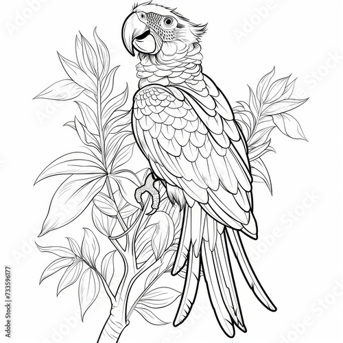A parrot on a branch. A black and white coloring book. coloring pages for children.