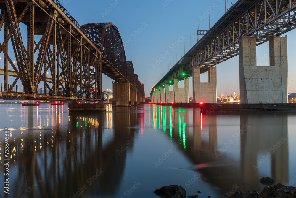 The Benicia–Martinez Bridge crossing the Carquinez Strait just west of Suisun Bay. Solano and Contra Costa Counties, California, USA. The Benicia–Martinez Bridge crossing the Carquinez Strait just west of Suisun Bay. Solano and Contra Costa Counties, California, USA.